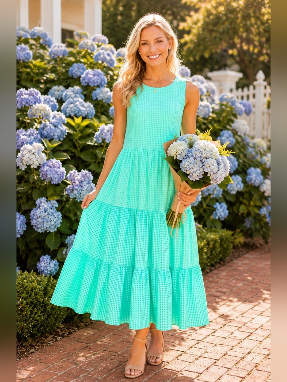Lands' End M Mint Gingham Tiered Maxi Dress Country Club Style Preppy Chic